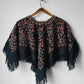 1960s Mid-Century Black Wool Kashmiri Floral Crewel Fringe Poncho Shawl