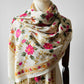 1970s - 1980s Cream Wool Cashmere Kashmiri Floral Crewel Fringe Shawl