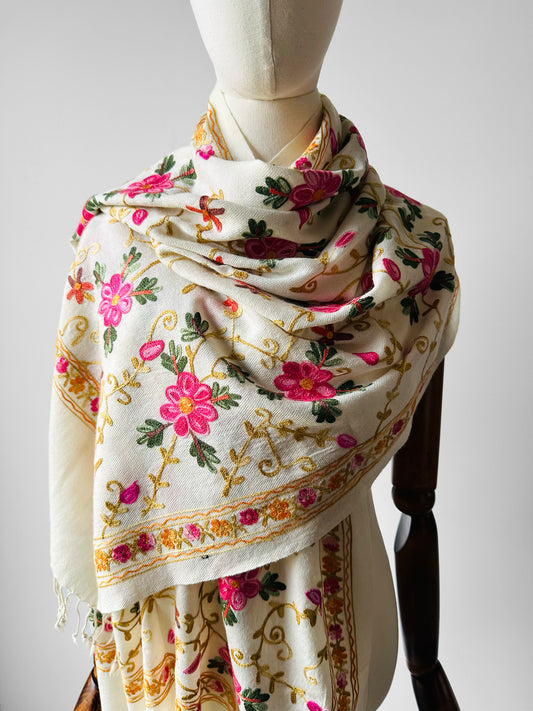 1970s - 1980s Cream Wool Cashmere Kashmiri Floral Crewel Fringe Shawl