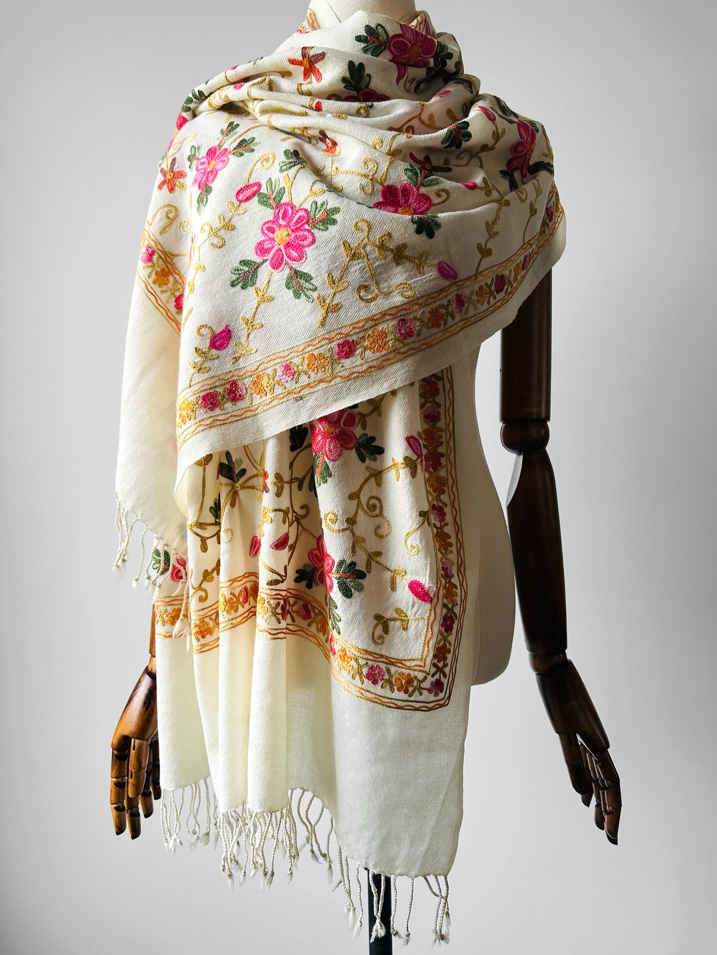 1970s - 1980s Cream Wool Cashmere Kashmiri Floral Crewel Fringe Shawl