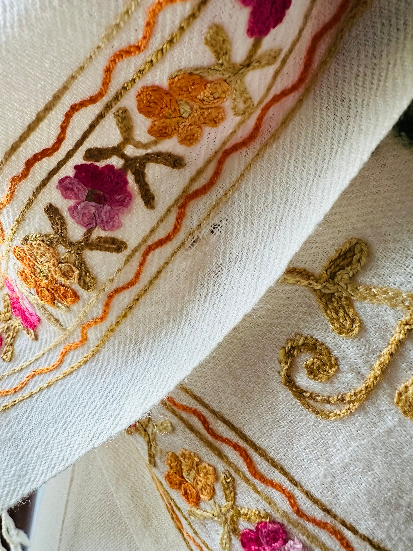 1970s - 1980s Cream Wool Cashmere Kashmiri Floral Crewel Fringe Shawl