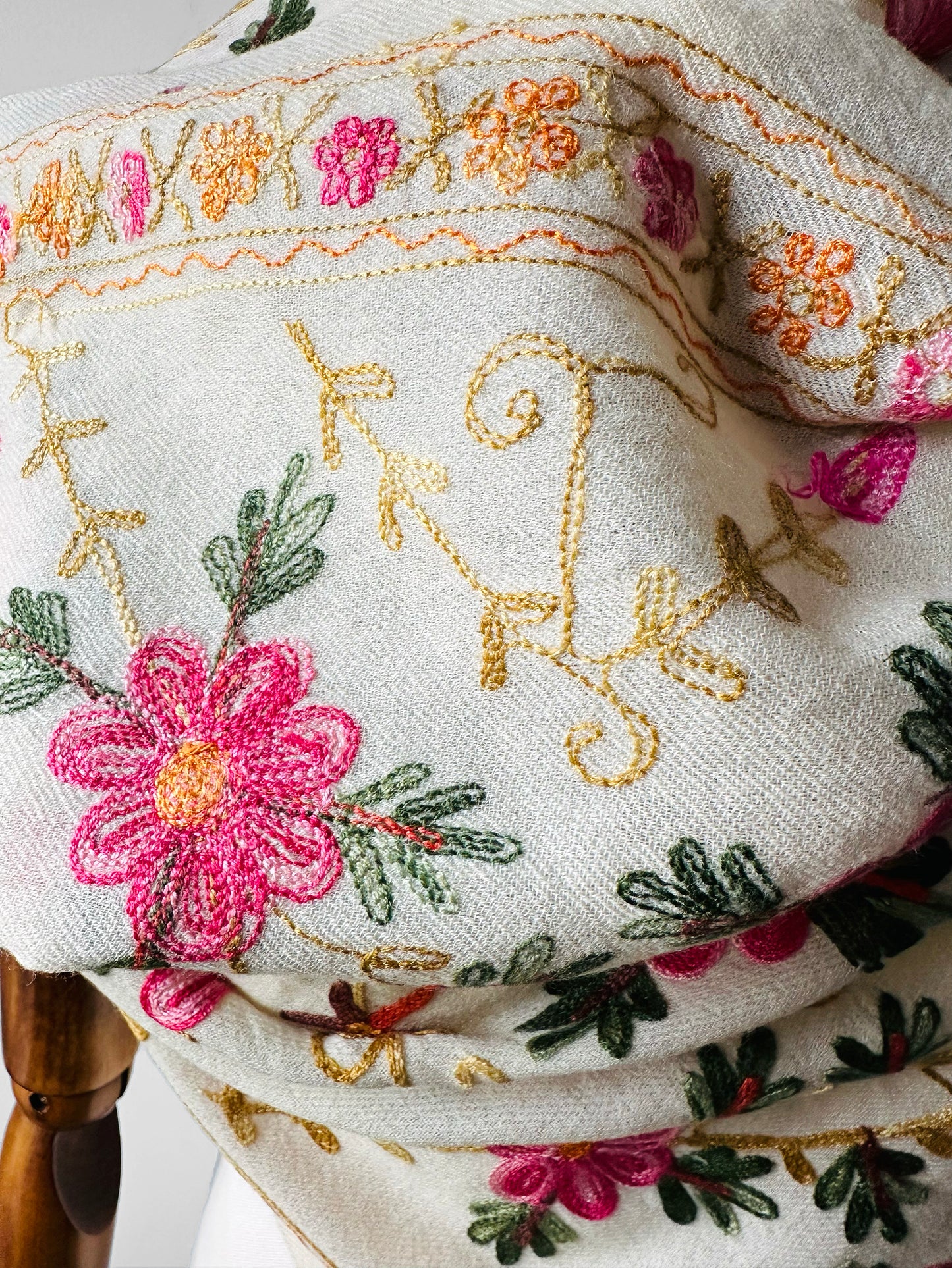 1970s - 1980s Cream Wool Cashmere Kashmiri Floral Crewel Fringe Shawl