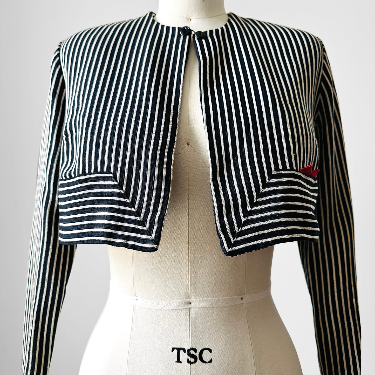 1960s Black and White Stripe Crop Tuxedo Bolero Jacket - Sz. Small