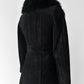 1970s Black Suede Belted Trench coat with Fur Collar and Quilted Lining - Sz. XXS/XS