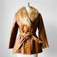 1970s Faux Fur Collared Tan Leather Belted Quilted Interior Jacket - Sz. XS/S