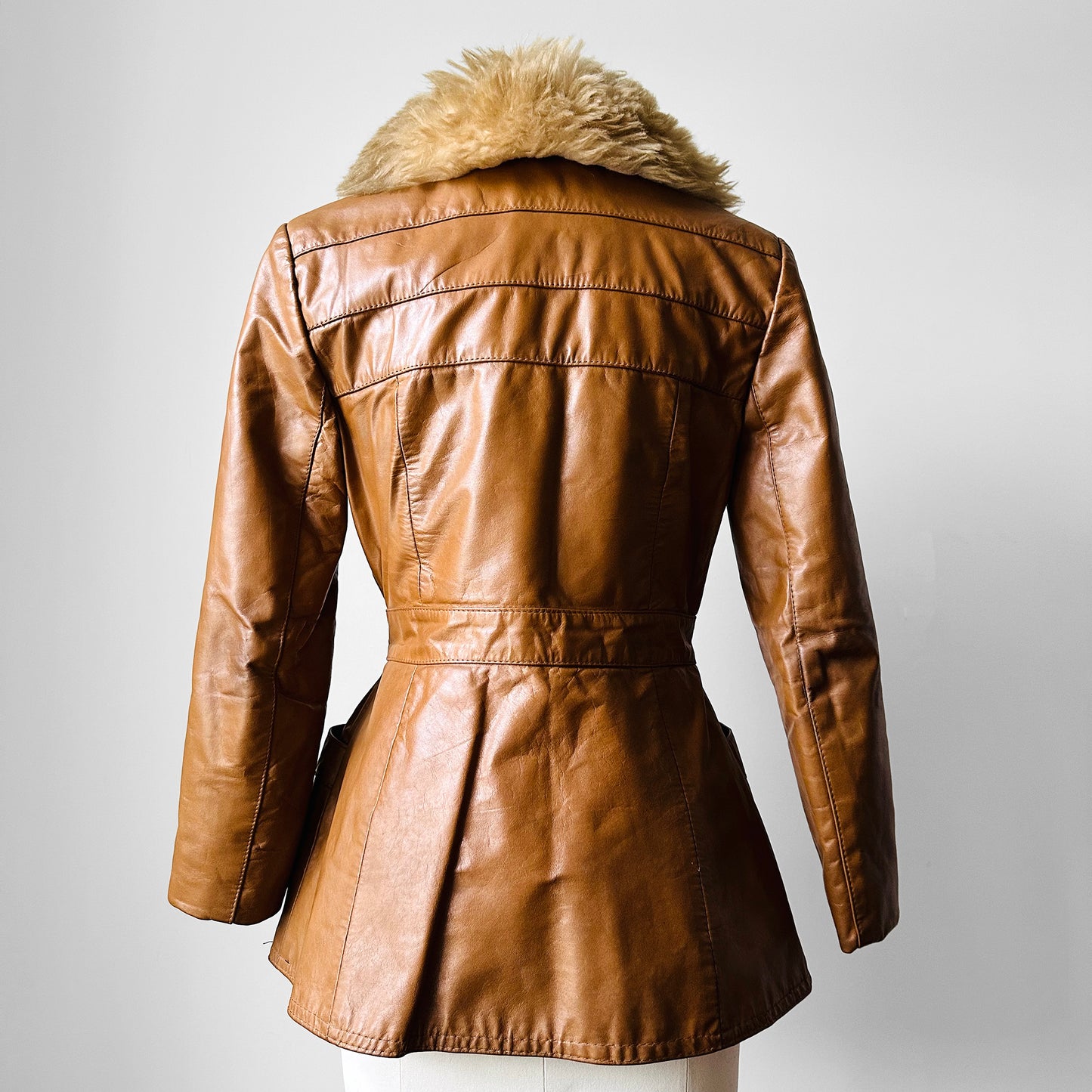 1970s Faux Fur Collared Tan Leather Belted Quilted Interior Jacket - Sz. XS/S