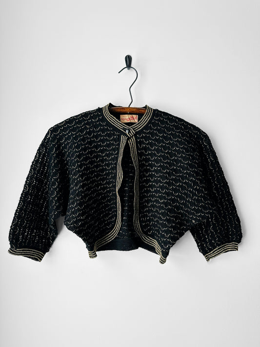 1940s Black and Gold High Collar Single Button Knitted Wool Shrug - Sz. XS/S