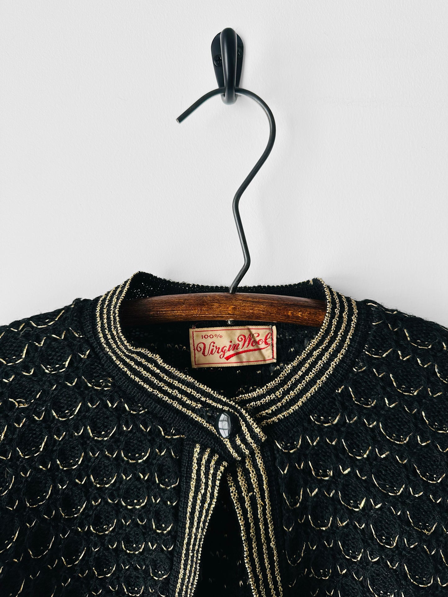 1940s Black and Gold High Collar Single Button Knitted Wool Shrug - Sz. XS/S