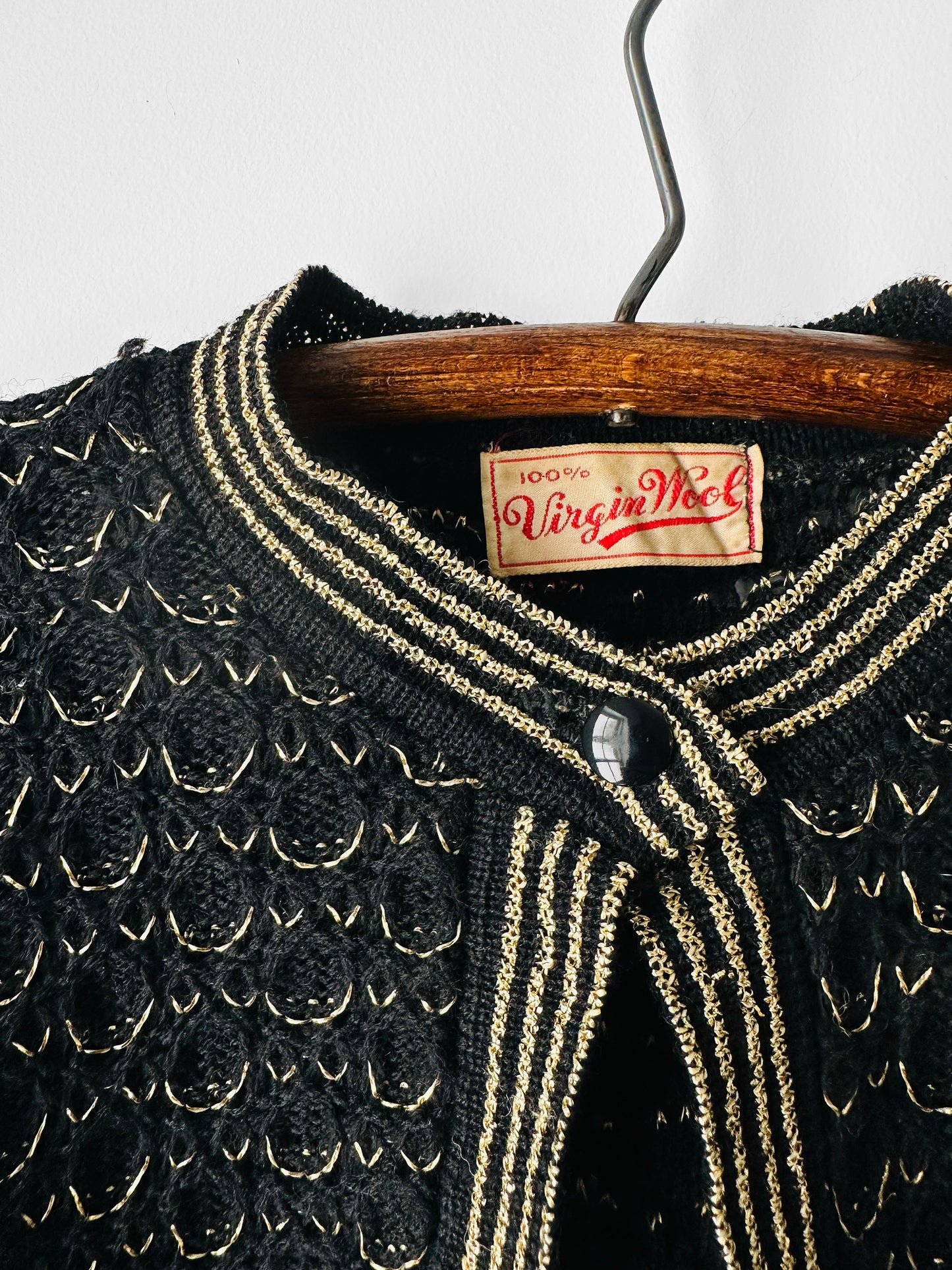 1940s Black and Gold High Collar Single Button Knitted Wool Shrug - Sz. XS/S