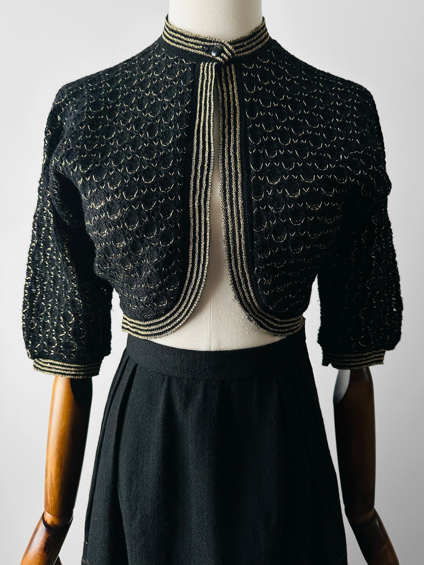 1940s Black and Gold High Collar Single Button Knitted Wool Shrug - Sz. XS/S