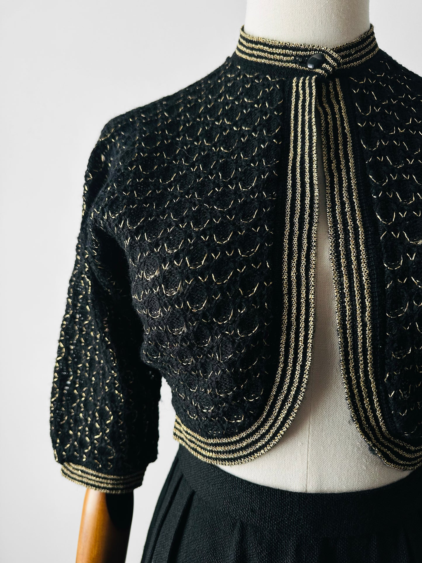 1940s Black and Gold High Collar Single Button Knitted Wool Shrug - Sz. XS/S