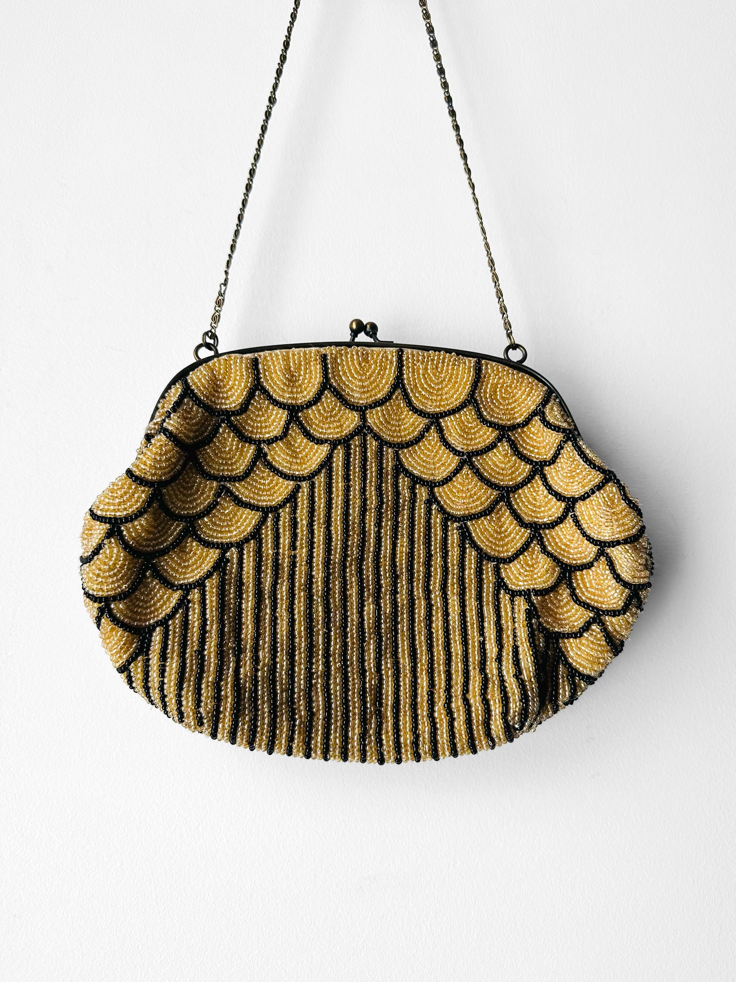 1980s Art Deco Style Beaded Kiss-Lock Clutch Purse with Chain