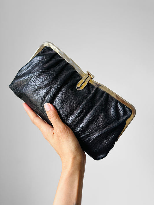 1980s Black and Gold Textured Faux Leather Clutch Purse