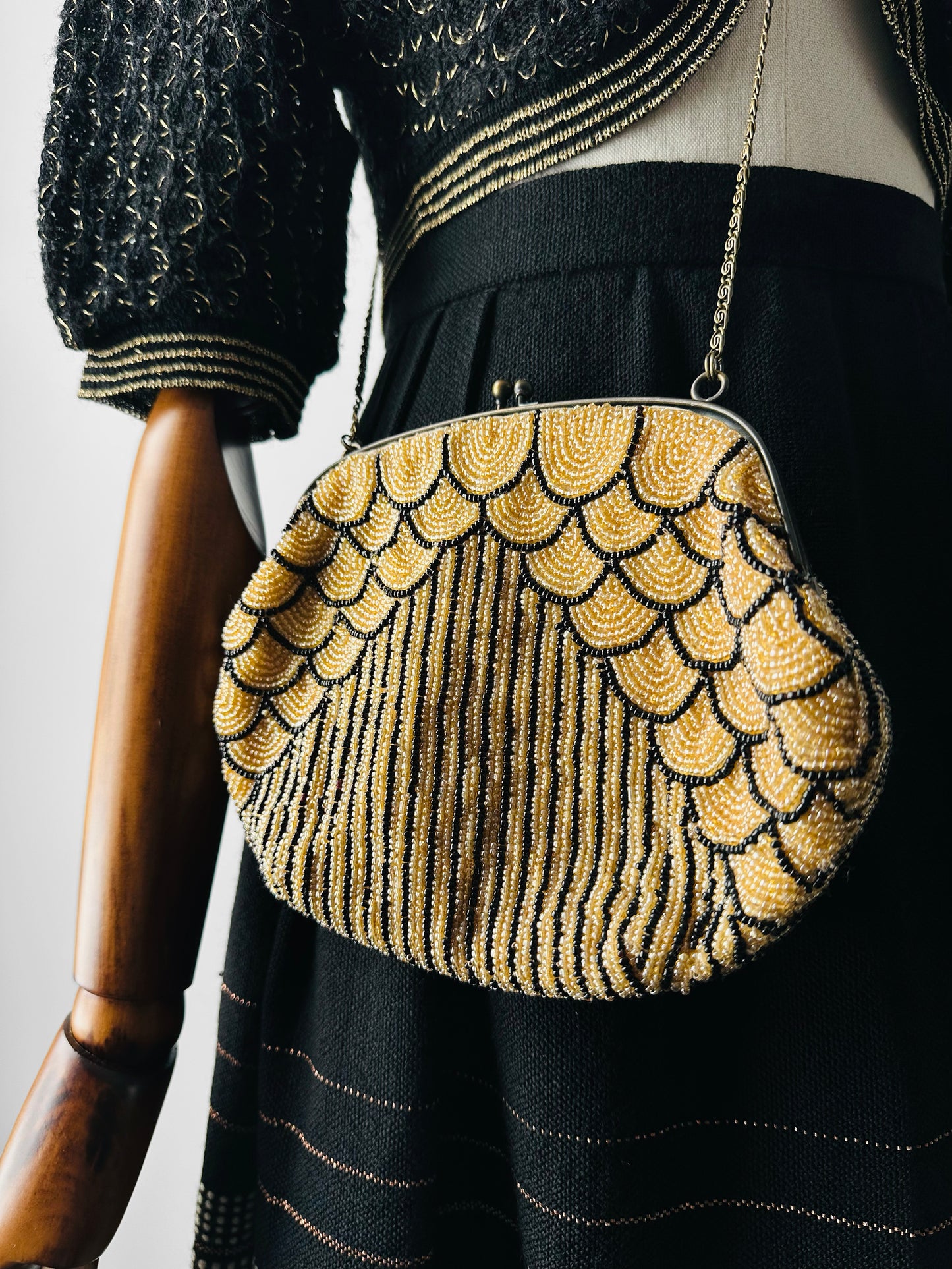 1980s Art Deco Style Beaded Kiss-Lock Clutch Purse with Chain