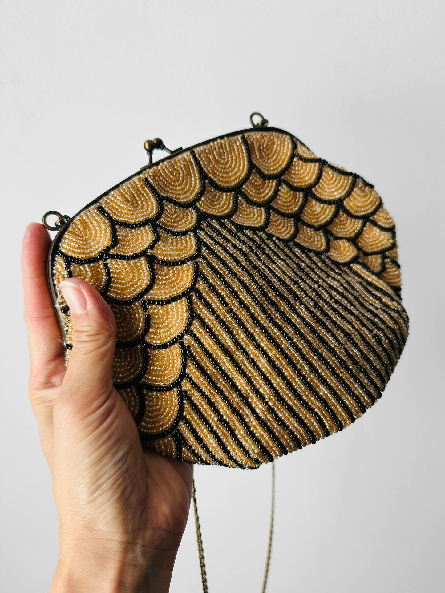 1980s Art Deco Style Beaded Kiss-Lock Clutch Purse with Chain