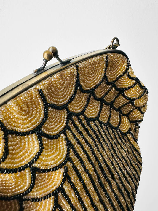 1980s Art Deco Style Beaded Kiss-Lock Clutch Purse with Chain