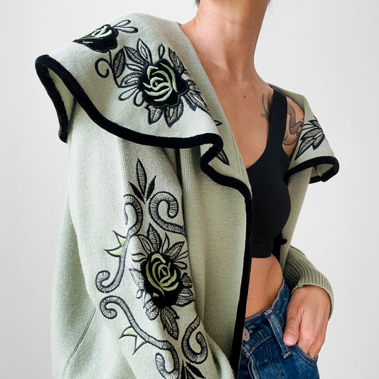 1980s Sage Green and Black Floral Embroidered Exaggerated Collar Knit Cardigan Sweater - S/M