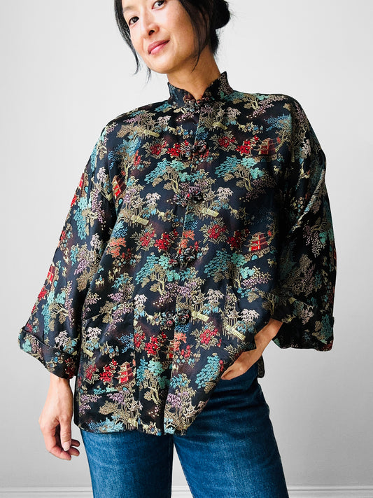 1960s Mid-Century Black Silk Chinoiserie Landscape Mandarin Collar Jacket - Sz. Sm