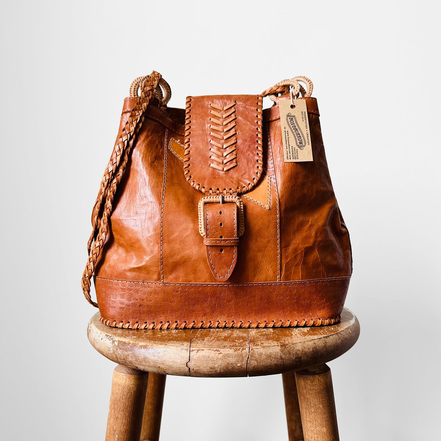 1970s Tan Brown Braided Stitch Detail Boho Leather Purse