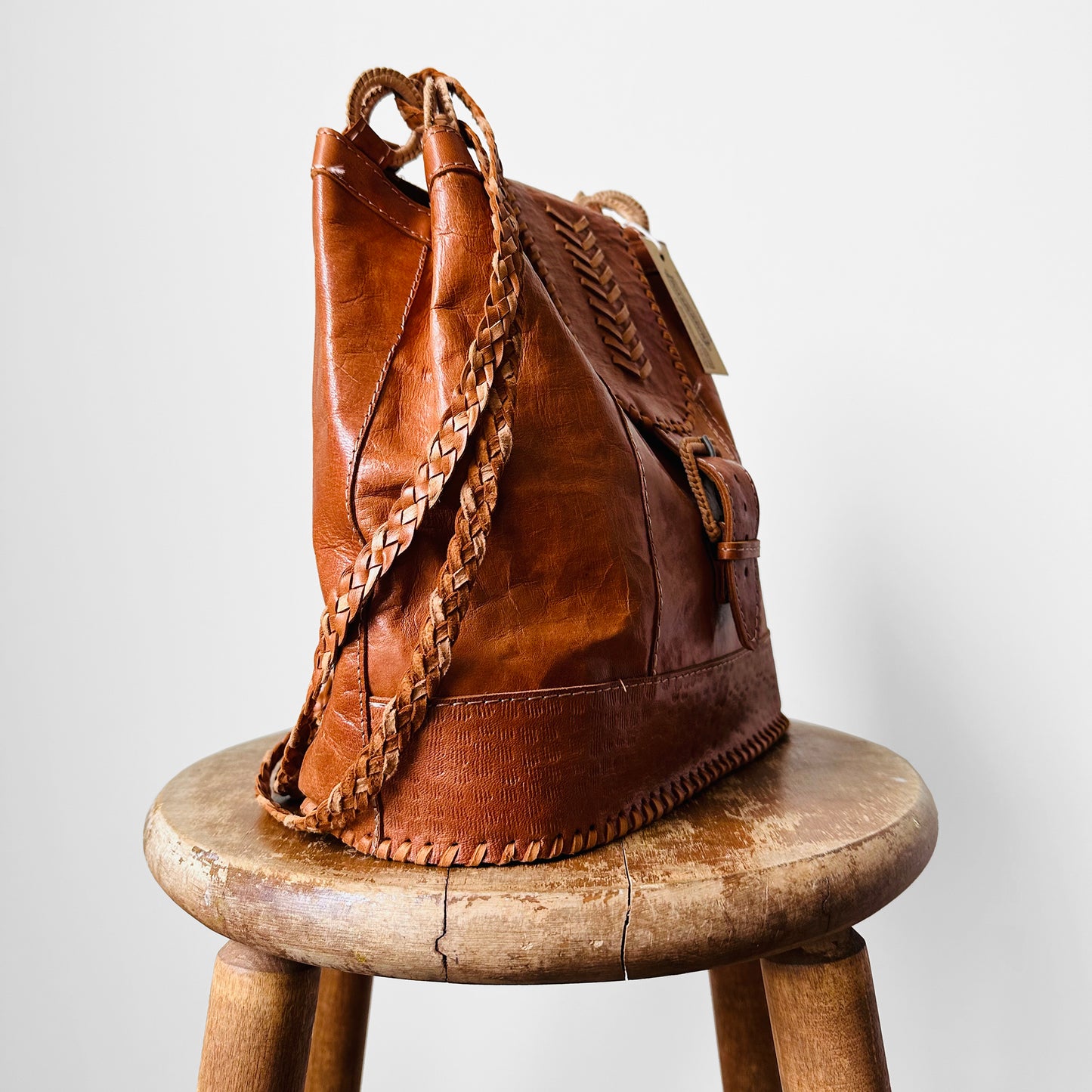 1970s Tan Brown Braided Stitch Detail Boho Leather Purse