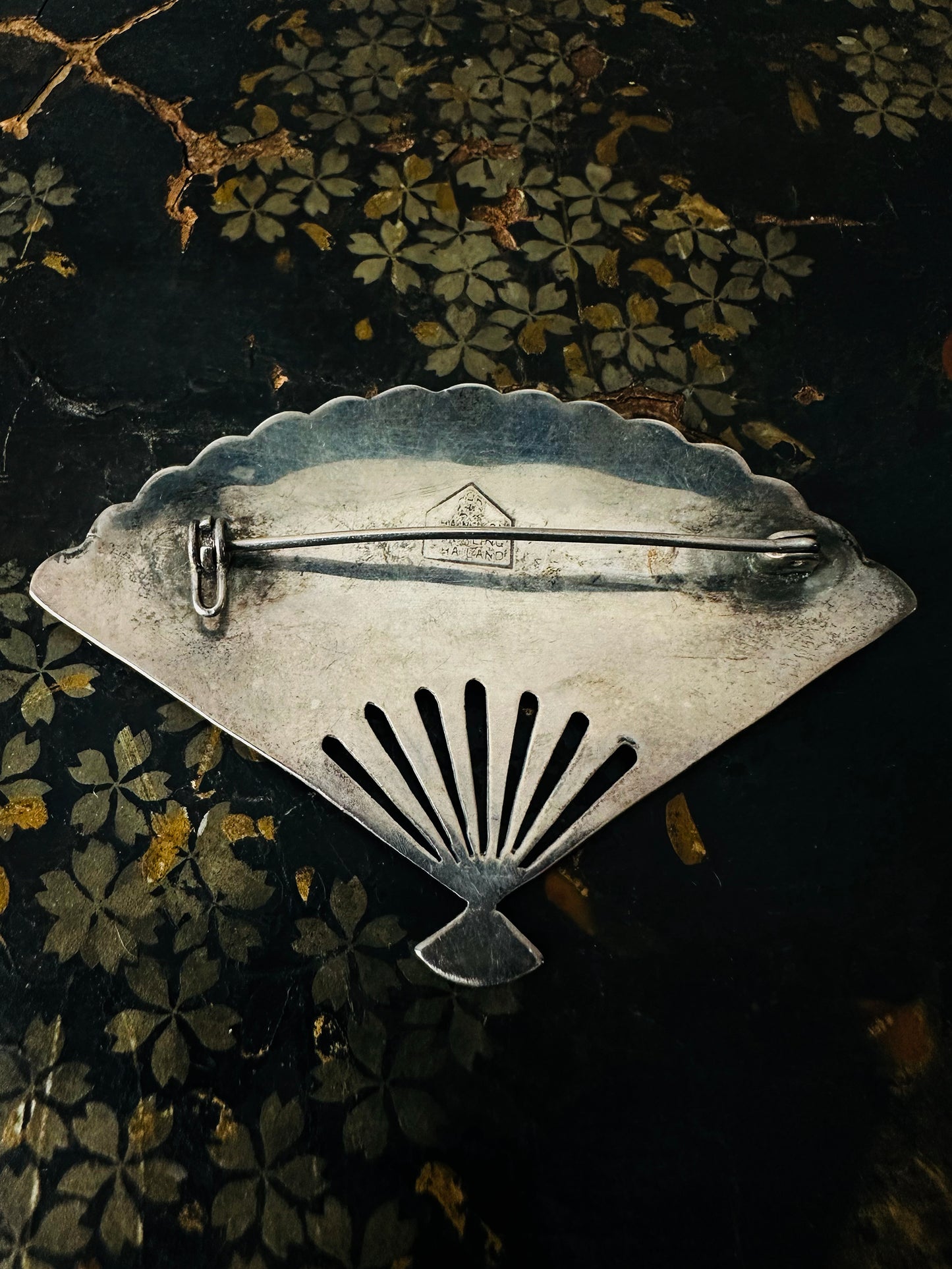 1950s 925 Silver and Niello Enamel Fan Siam Thailand Brooch