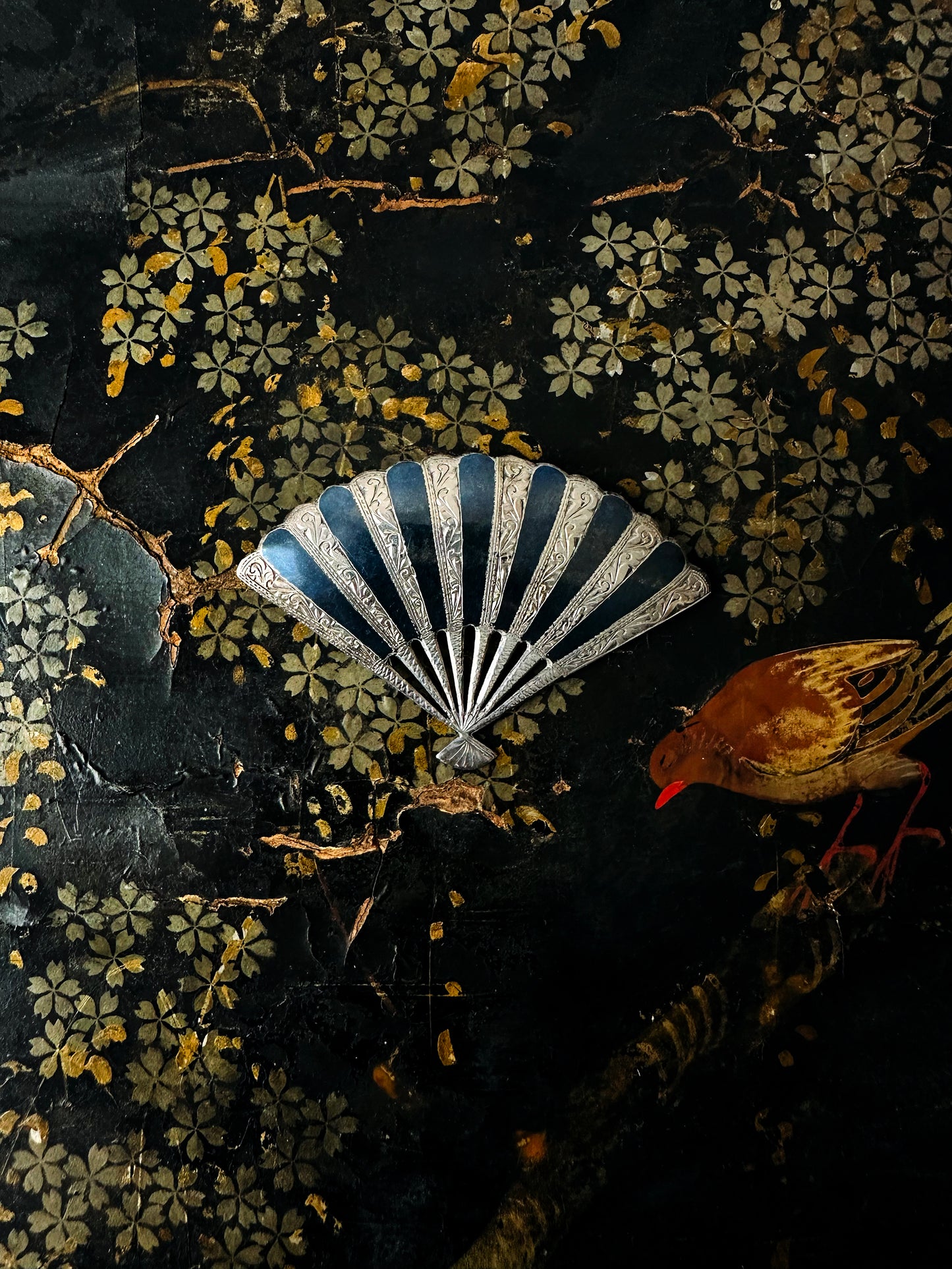 1950s 925 Silver and Niello Enamel Fan Siam Thailand Brooch