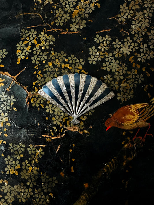 1950s 925 Silver and Niello Enamel Fan Siam Thailand Brooch