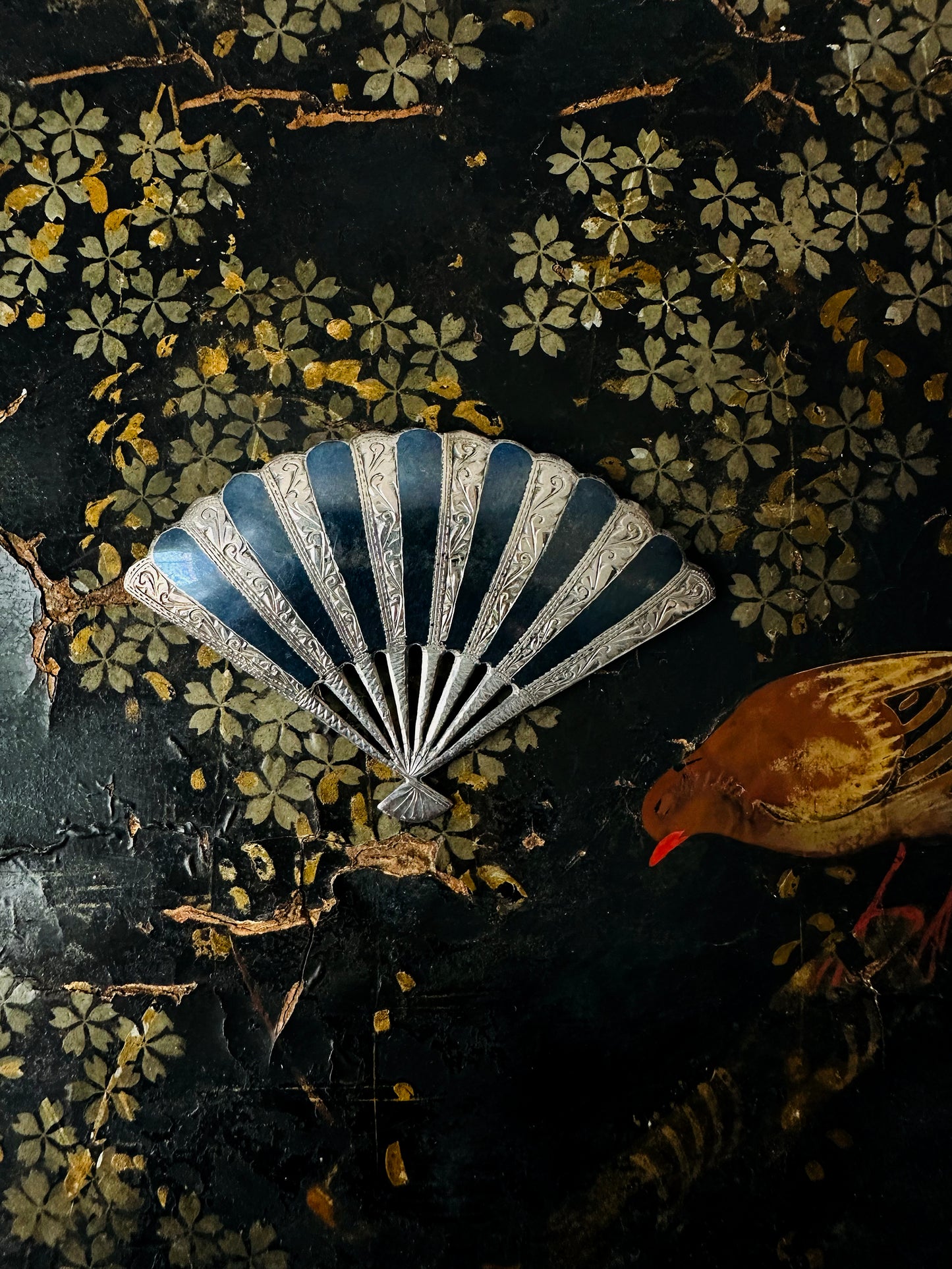 1950s 925 Silver and Niello Enamel Fan Siam Thailand Brooch