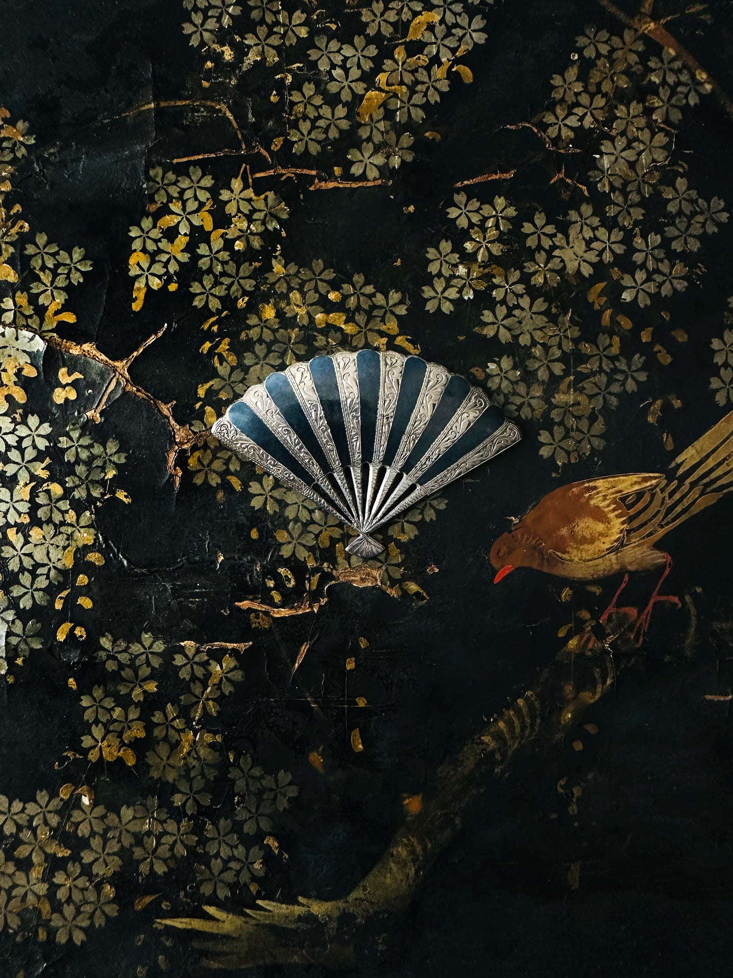 1950s 925 Silver and Niello Enamel Fan Siam Thailand Brooch