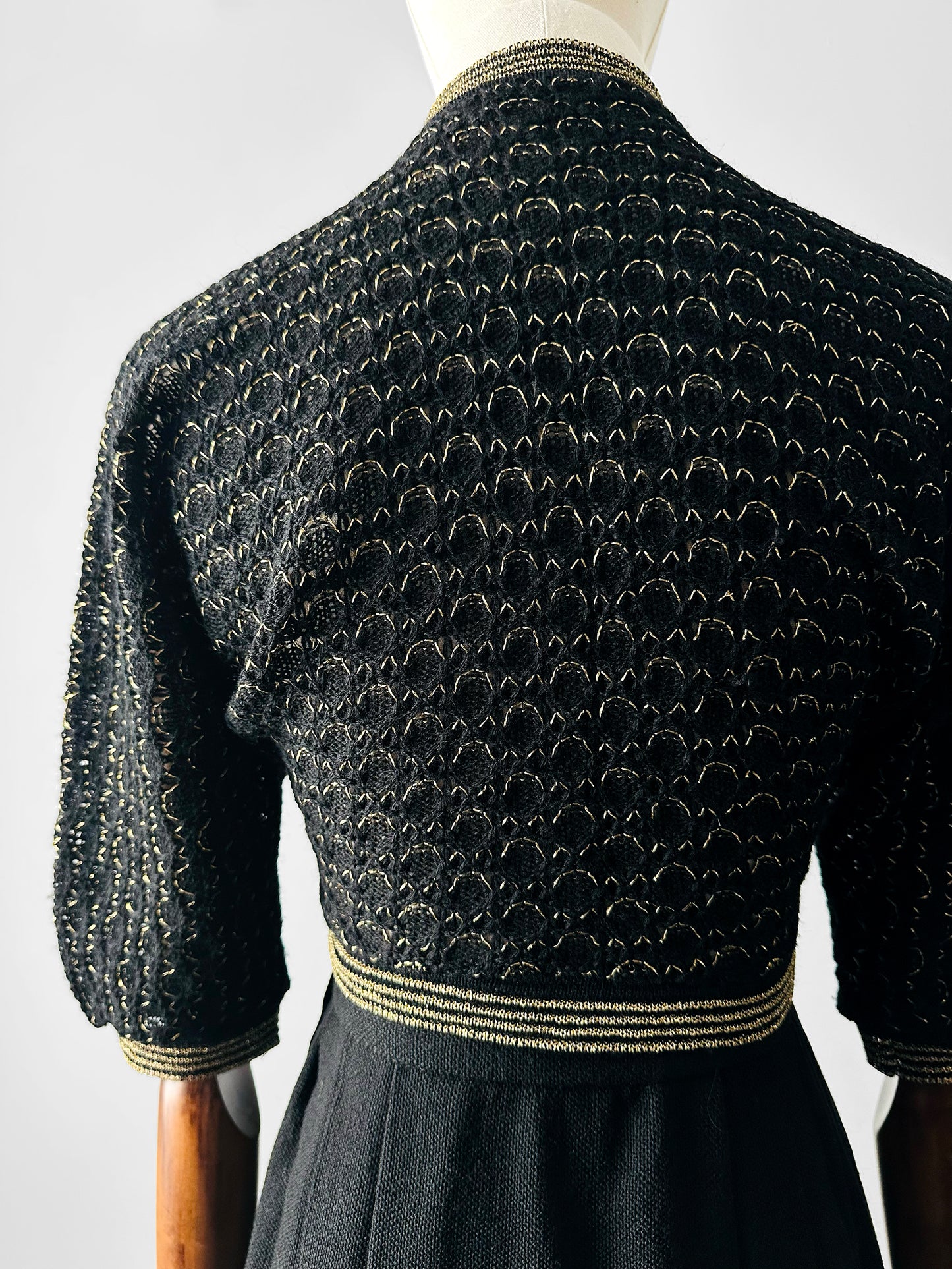 1940s Black and Gold High Collar Single Button Knitted Wool Shrug - Sz. XS/S