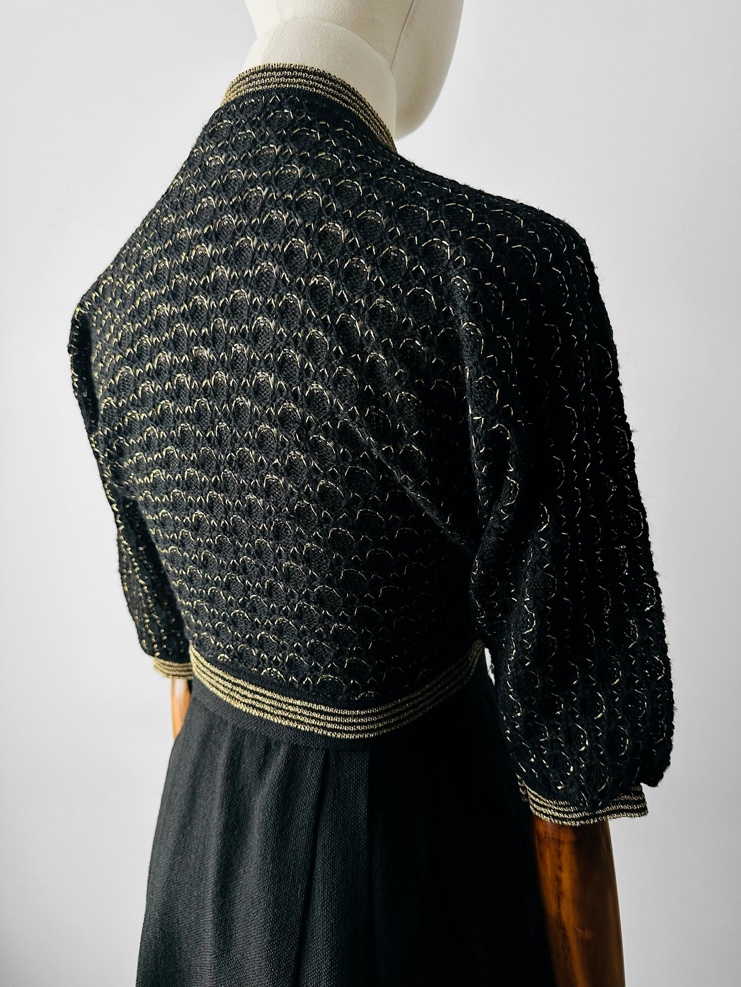 1940s Black and Gold High Collar Single Button Knitted Wool Shrug - Sz. XS/S