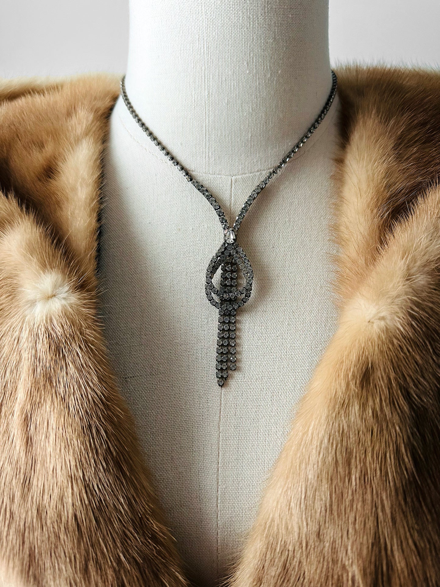 1950s Rhinestone Silver-Toned Y-Necklace with Cascading Drops