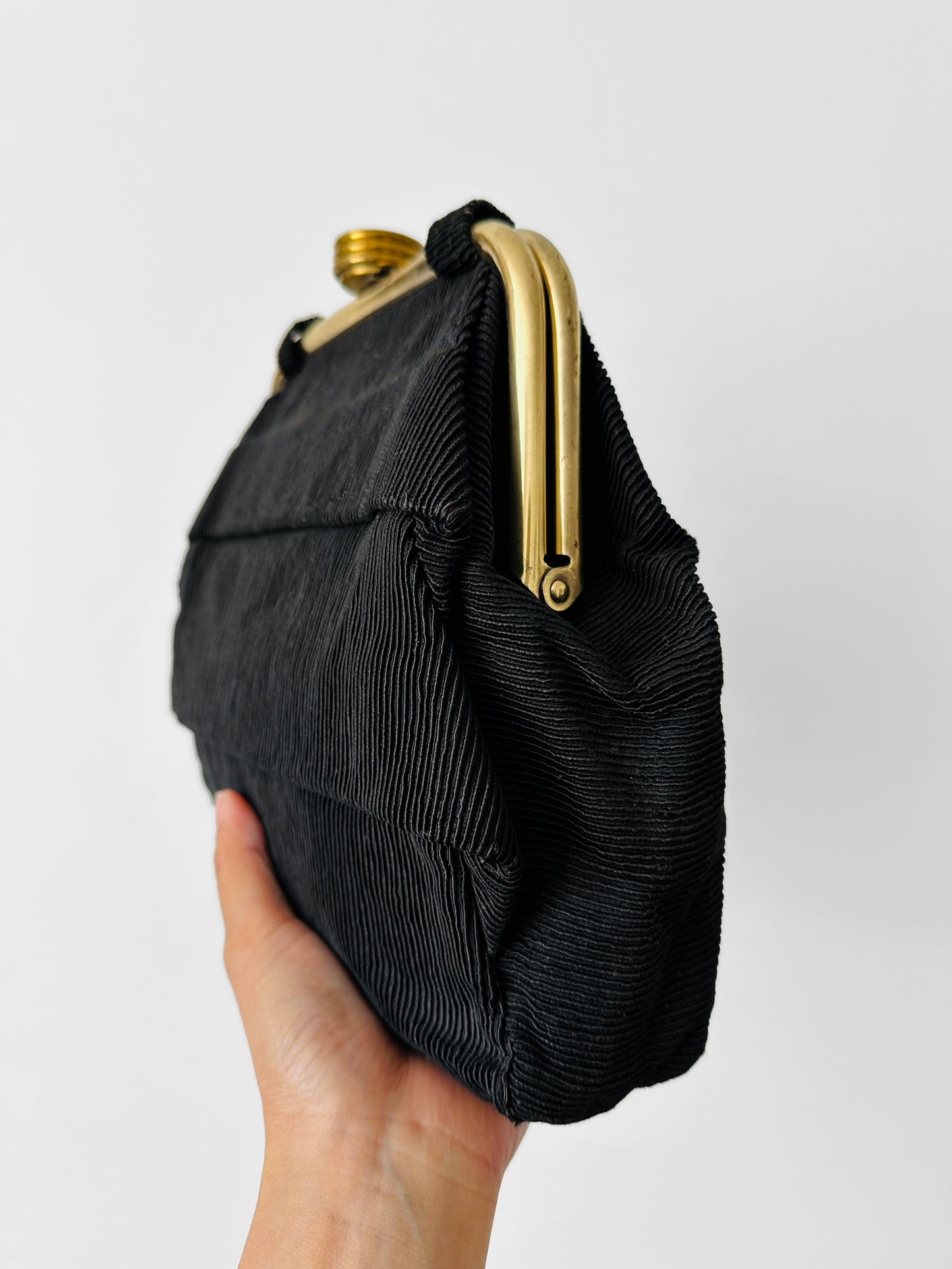 1960s Black Ribbed Fabric Top Handle Handbag