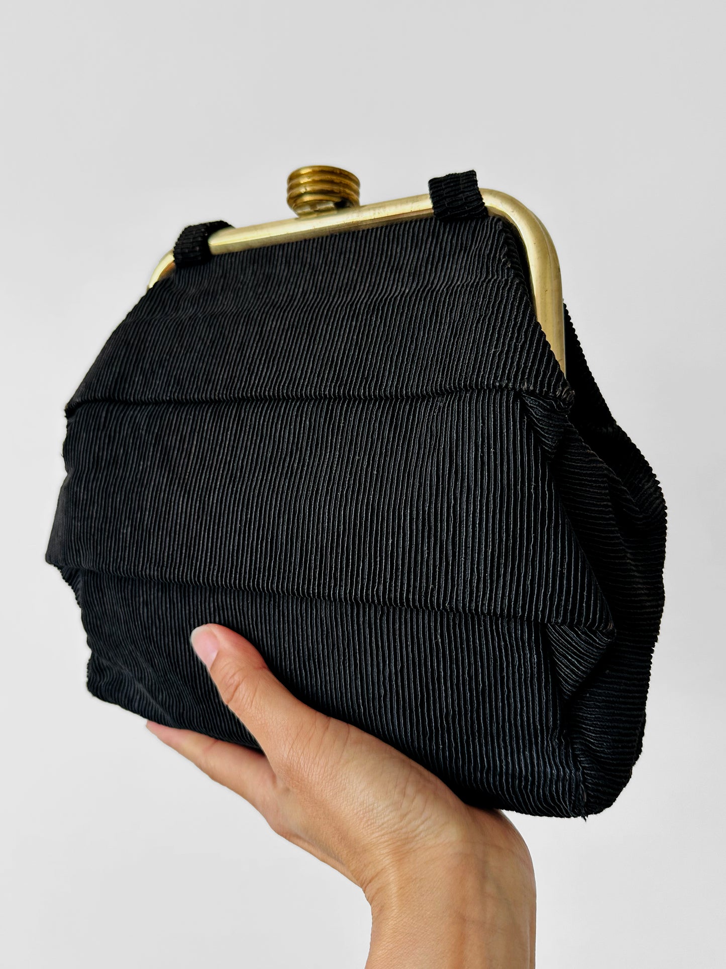 1960s Black Ribbed Fabric Top Handle Handbag