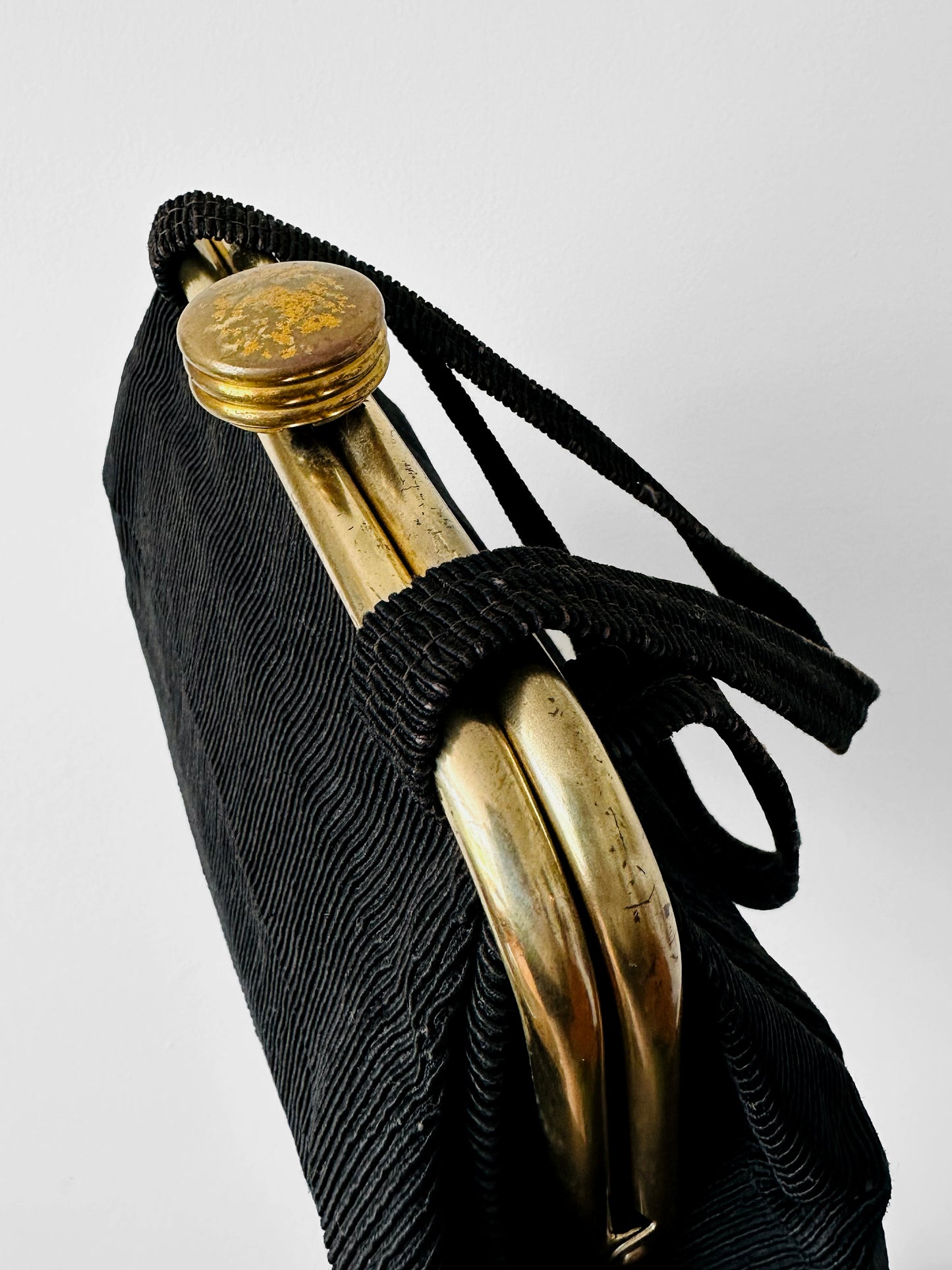 1960s Black Ribbed Fabric Top Handle Handbag