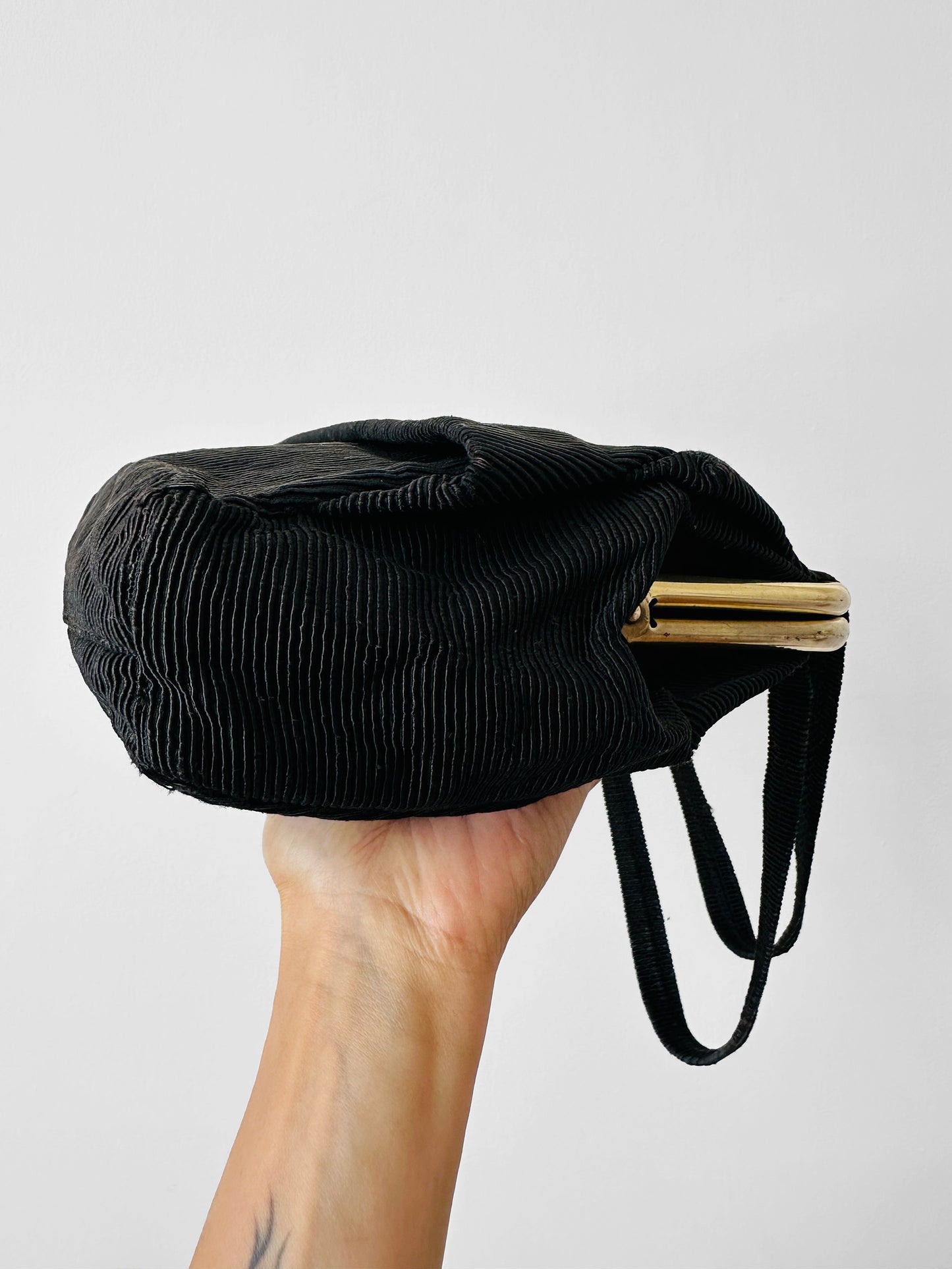 1960s Black Ribbed Fabric Top Handle Handbag