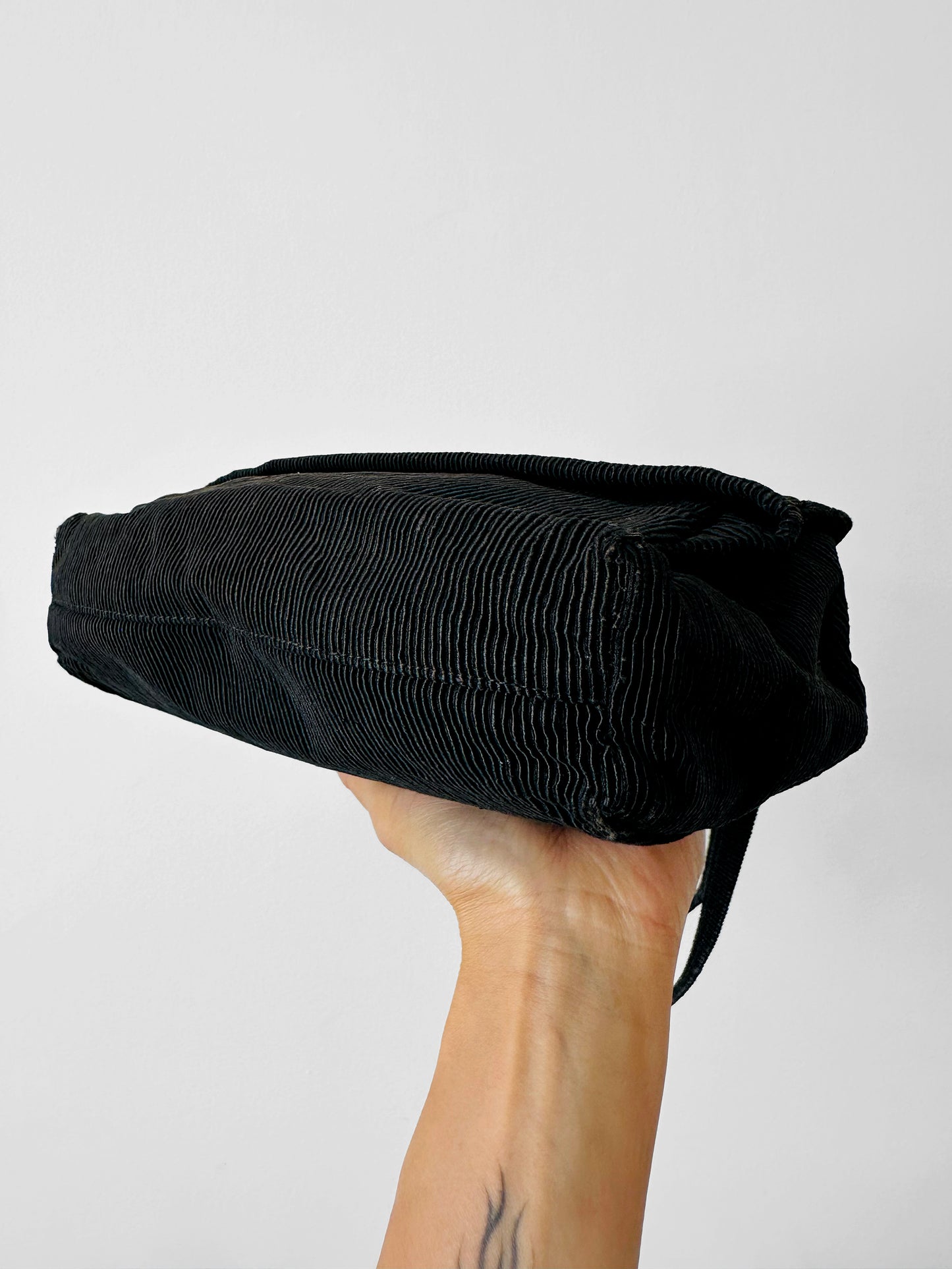 1960s Black Ribbed Fabric Top Handle Handbag