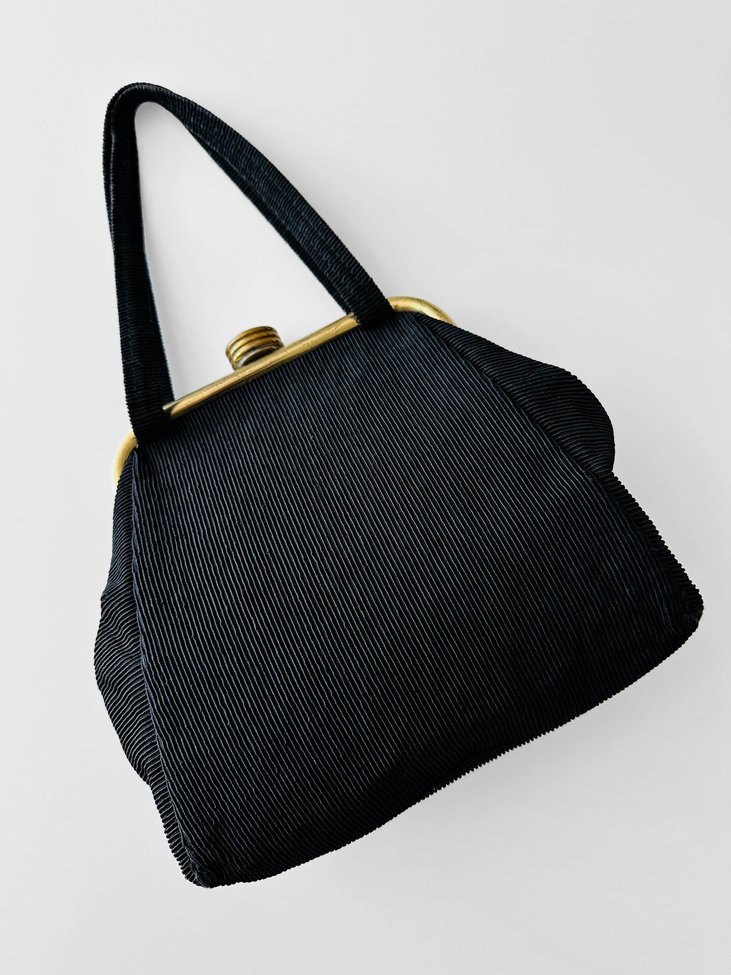 1960s Black Ribbed Fabric Top Handle Handbag