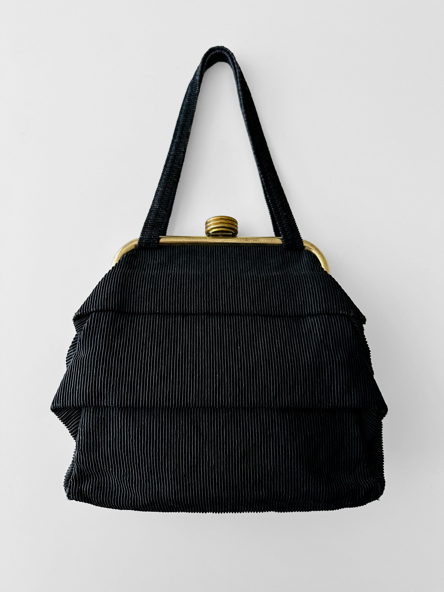 1960s Black Ribbed Fabric Top Handle Handbag