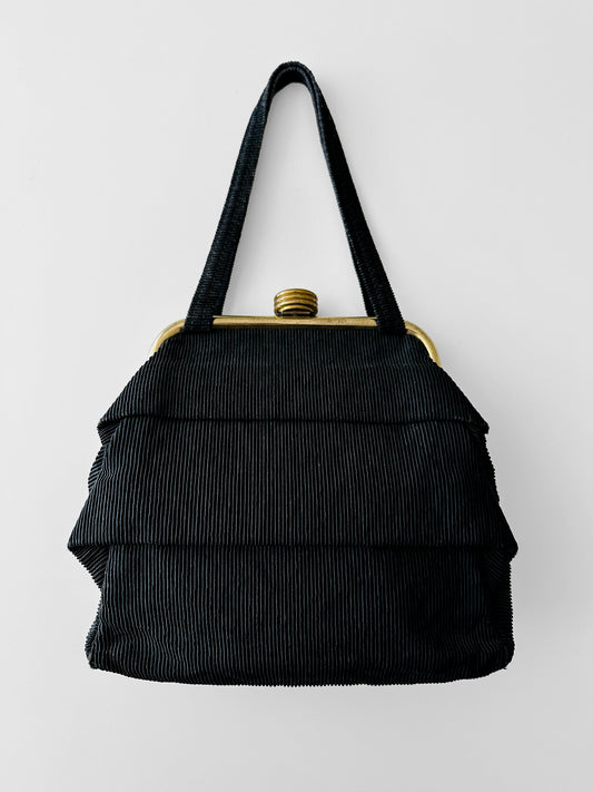 1960s Black Ribbed Fabric Top Handle Handbag