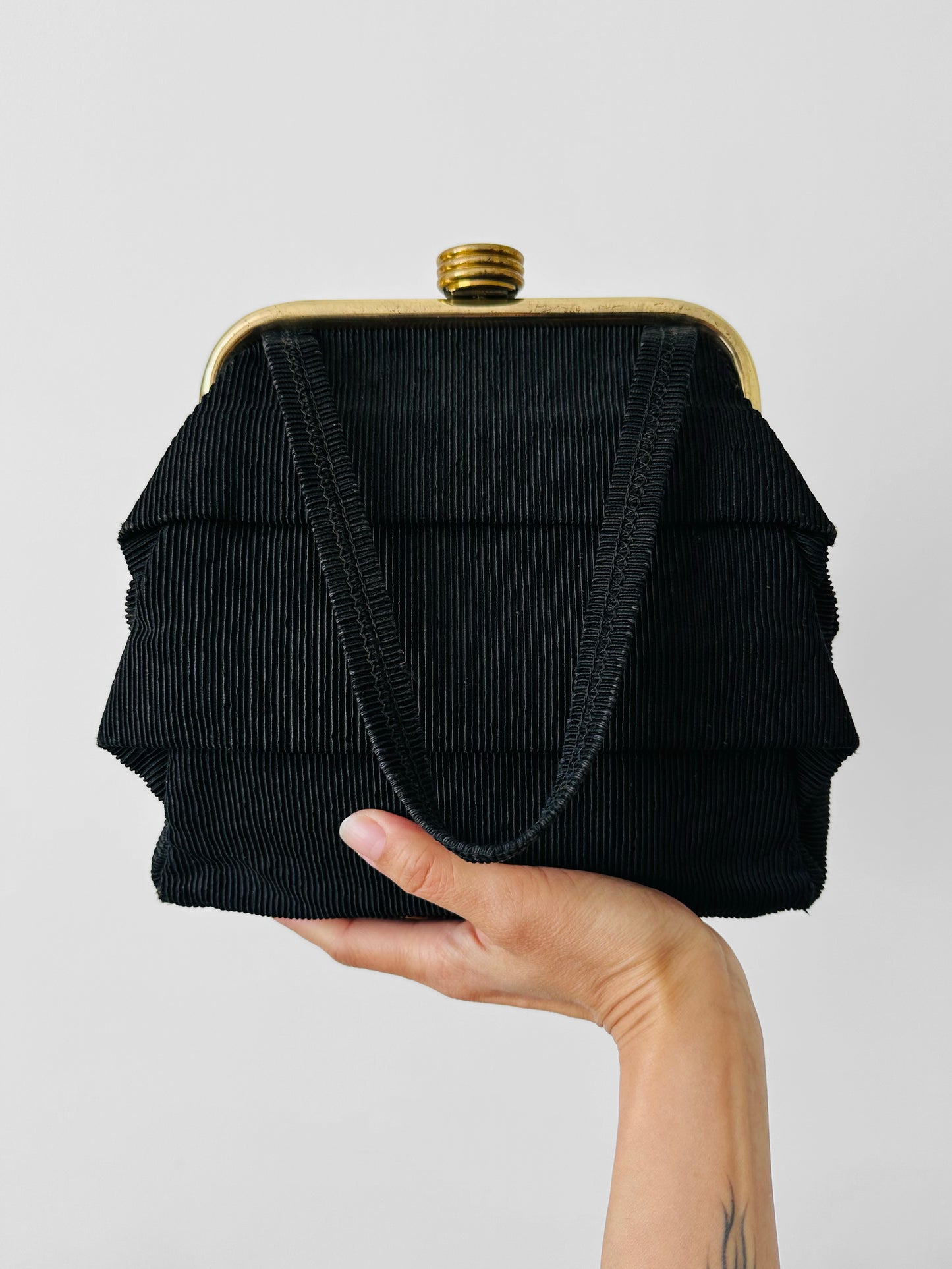 1960s Black Ribbed Fabric Top Handle Handbag