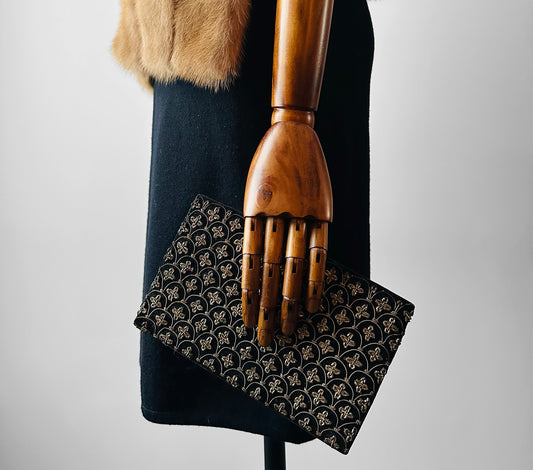 1940s - 1950s Black Velvet Metallic Thread Embroidery Clutch