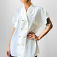 1980s Short Sleeve Cream Double Breasted Collared Blouse -  Sz. S/M