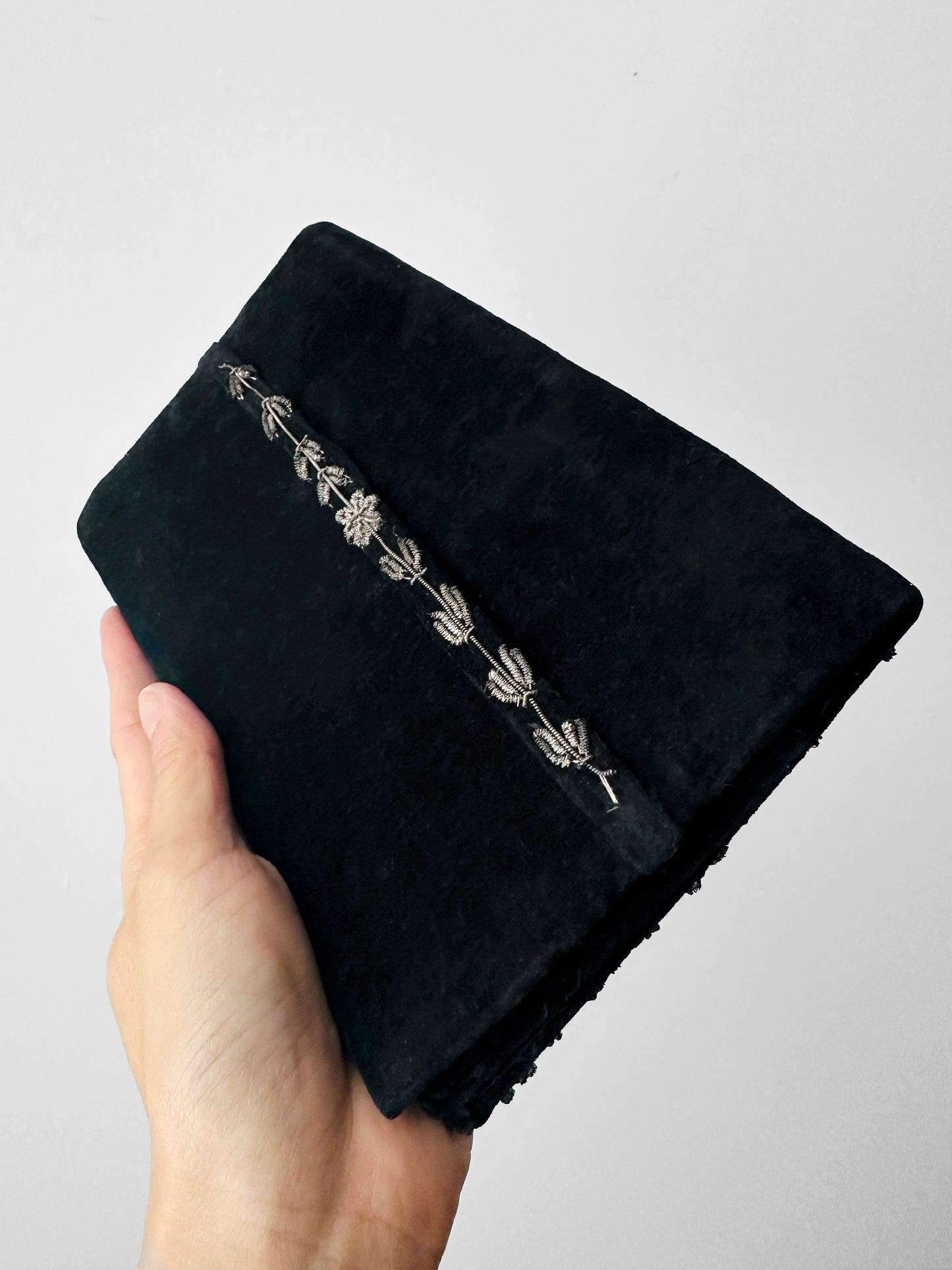 1940s - 1950s Black Velvet Metallic Thread Embroidery Clutch