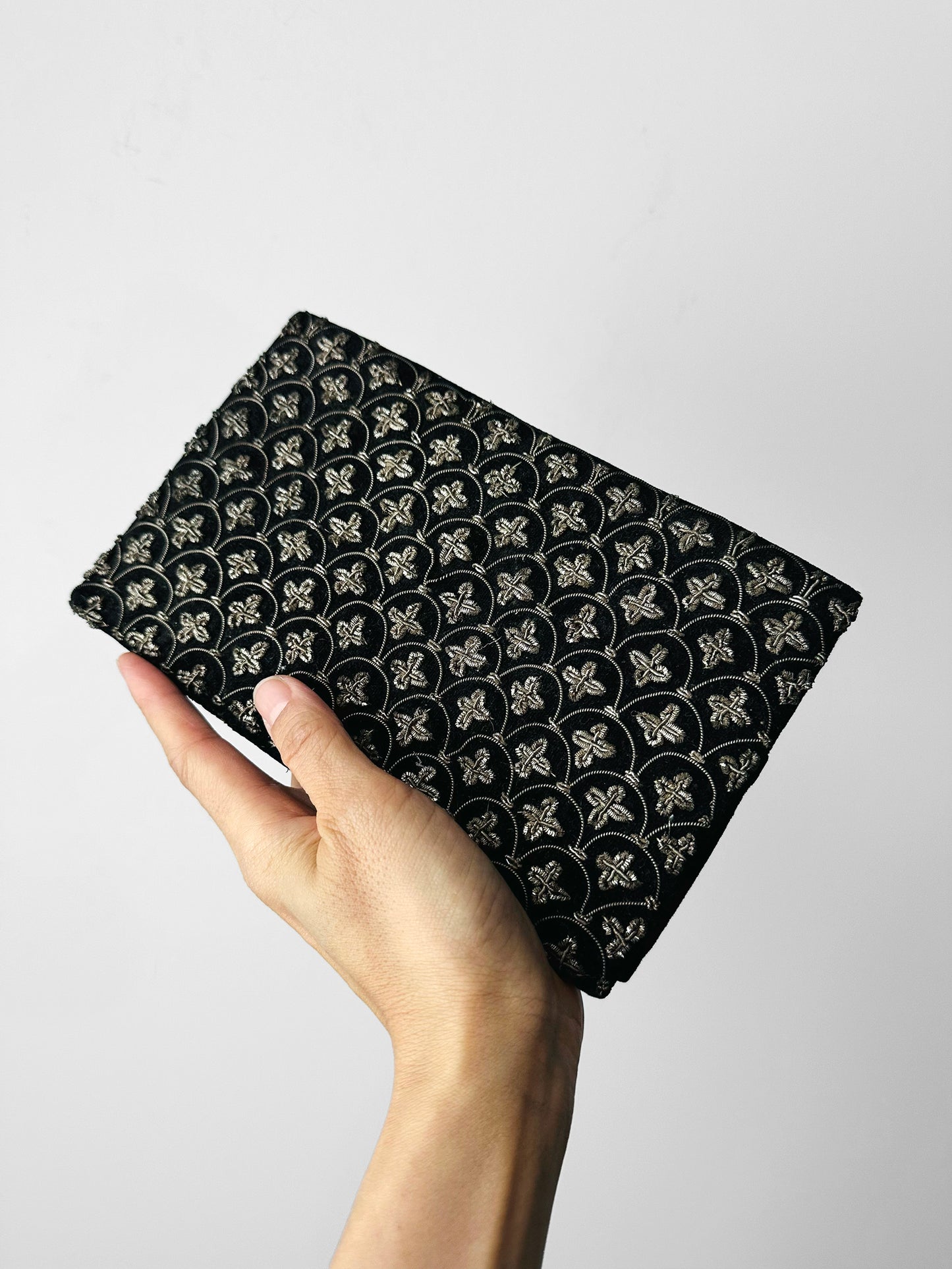 1940s - 1950s Black Velvet Metallic Thread Embroidery Clutch