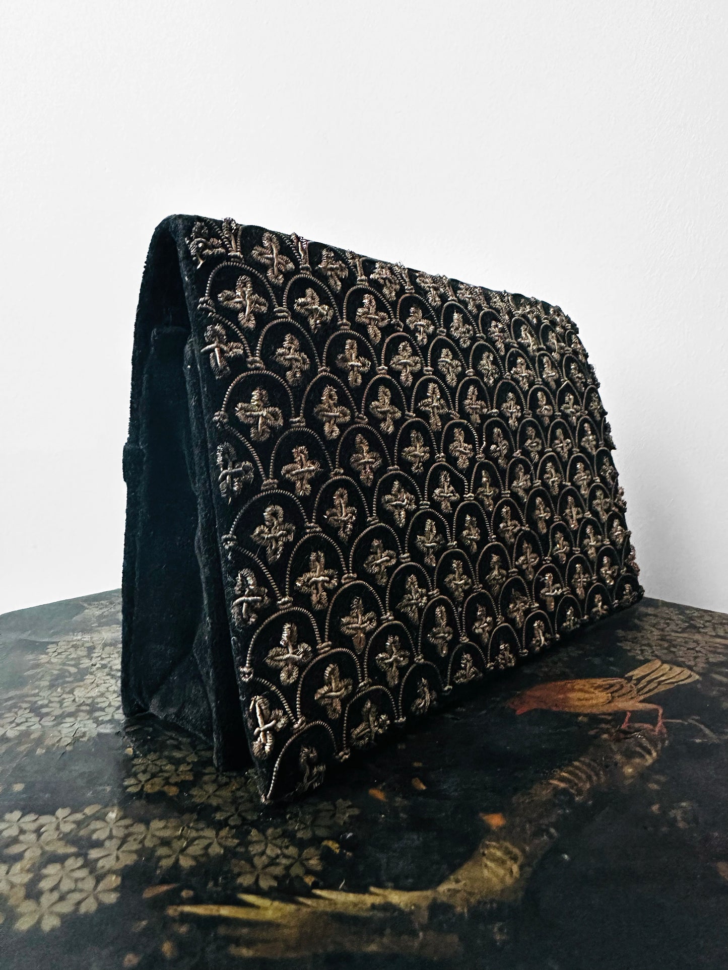 1940s - 1950s Black Velvet Metallic Thread Embroidery Clutch