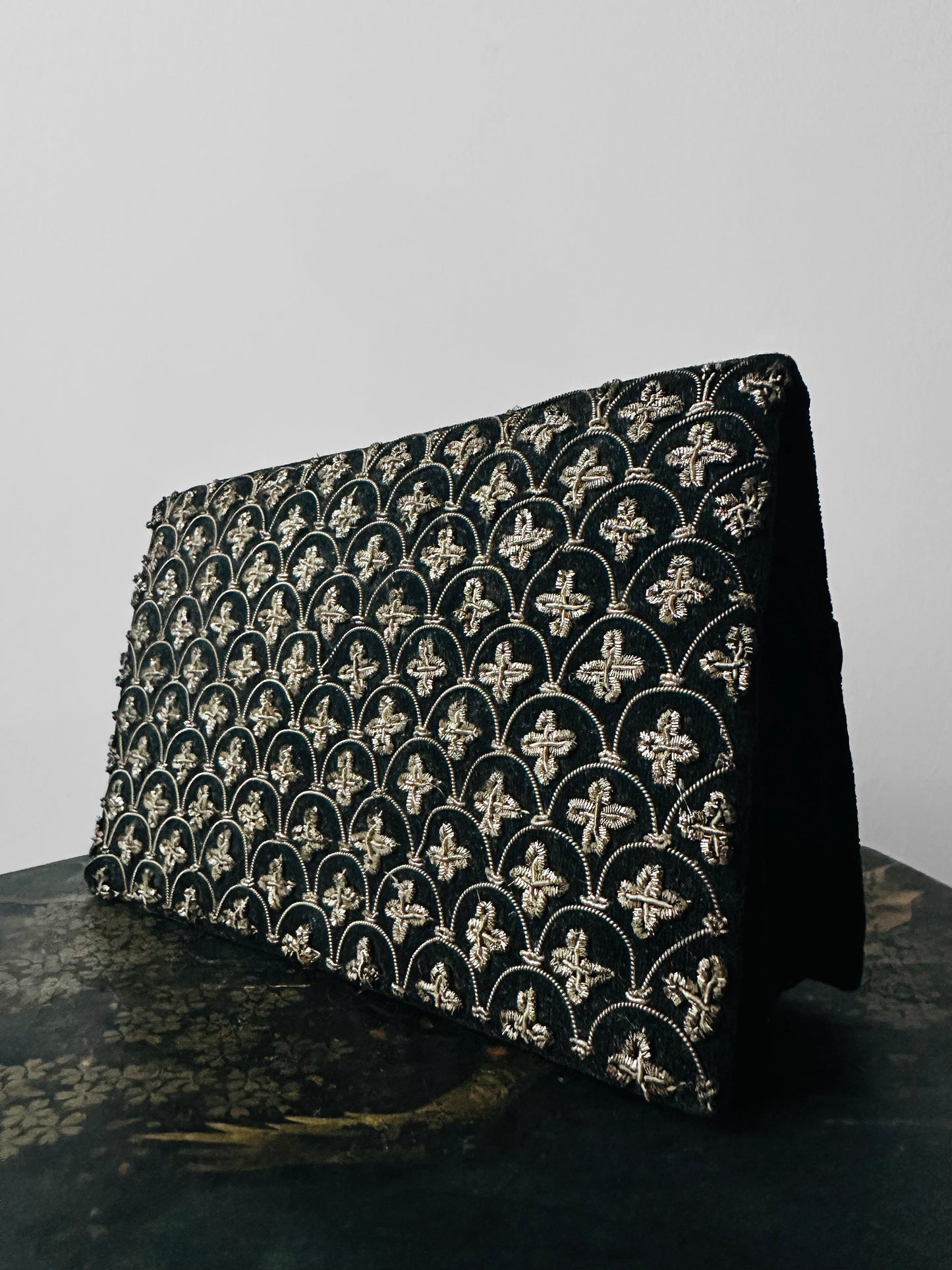 1940s - 1950s Black Velvet Metallic Thread Embroidery Clutch