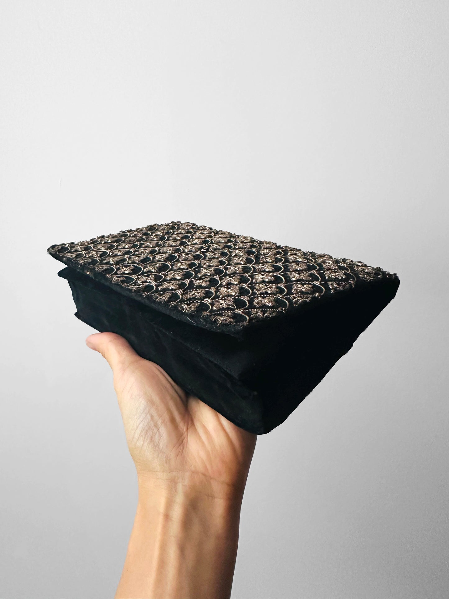 1940s - 1950s Black Velvet Metallic Thread Embroidery Clutch