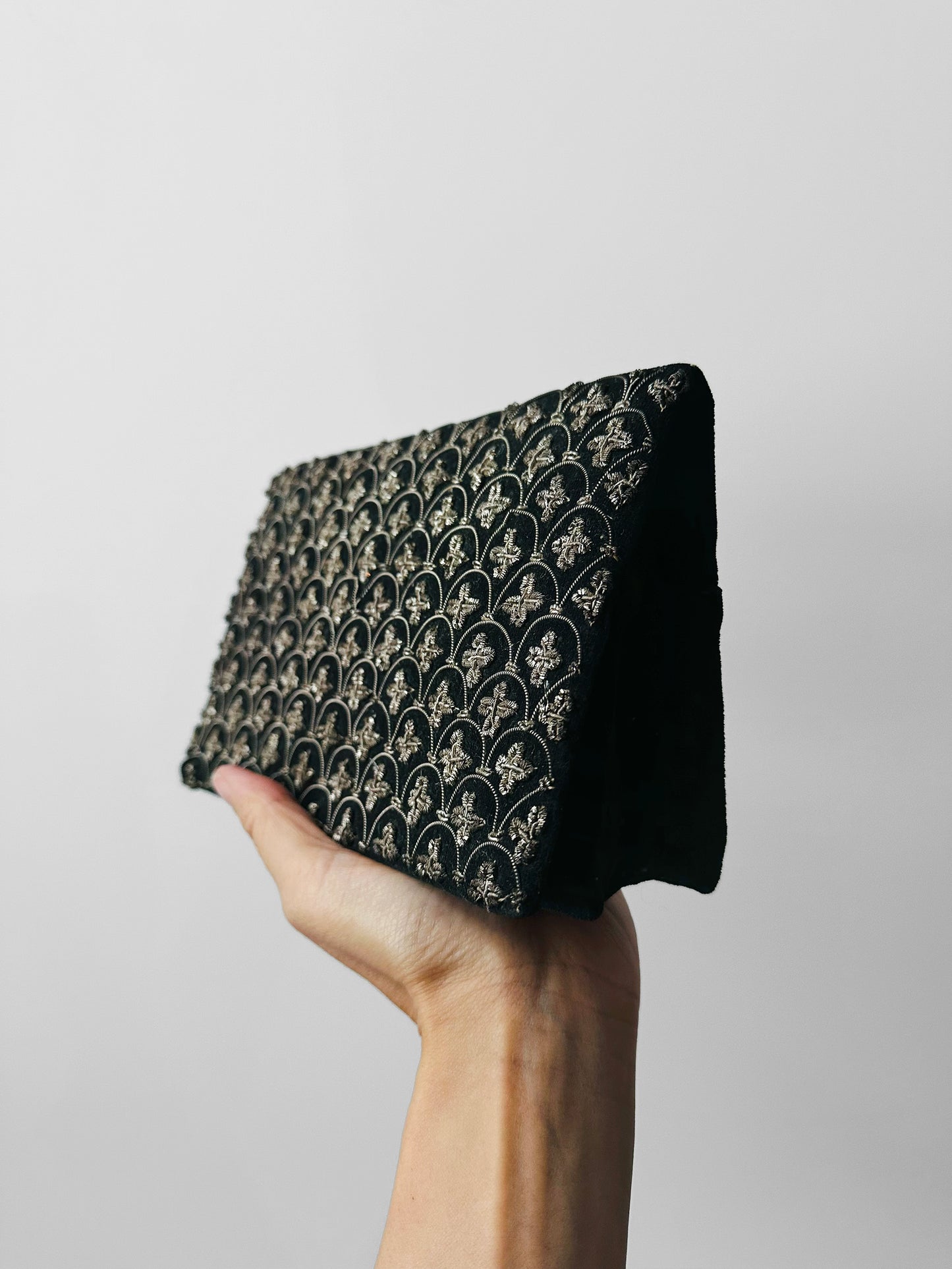 1940s - 1950s Black Velvet Metallic Thread Embroidery Clutch