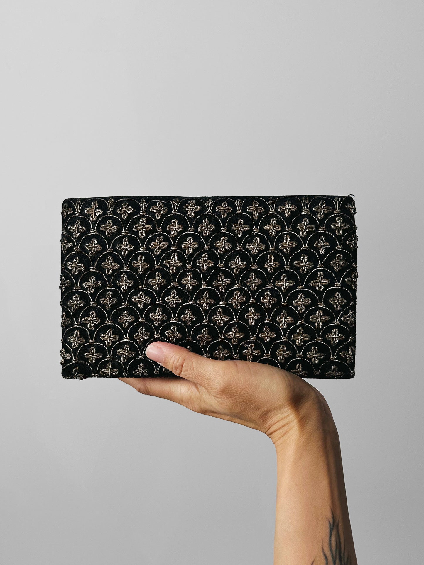 1940s - 1950s Black Velvet Metallic Thread Embroidery Clutch